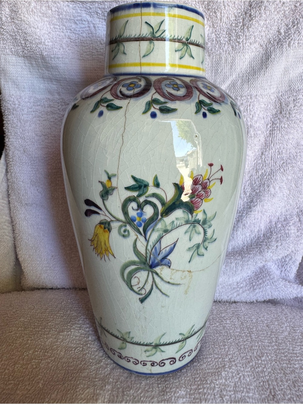 Portuguese Hand-Painted Floral Ceramic Vase in White, Blue, Green, Yellow